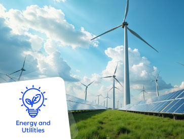 Solar panels and wind turbines in a green field